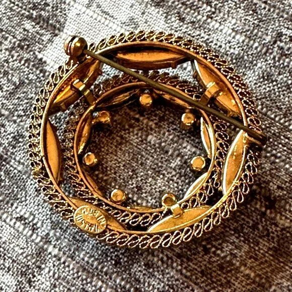 Vintage Made In Austria Gold-Tone Rhinestone & Amber Glass Circular Brooch Pin - Picture 6 of 6